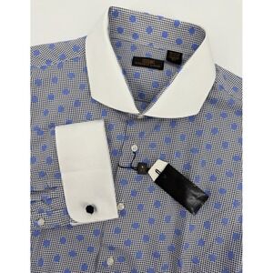 Steven Land Dress Shirt Mens 19 34/35 Blue Geometric French Cuff Colorful NEW